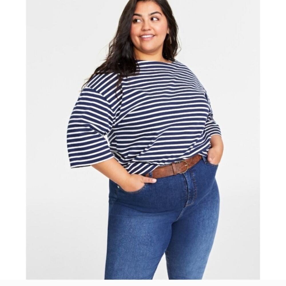 On 34th Plus Size Heavyweight Cotton Striped Boat-Neck 3/4 Sleeve Top NWT